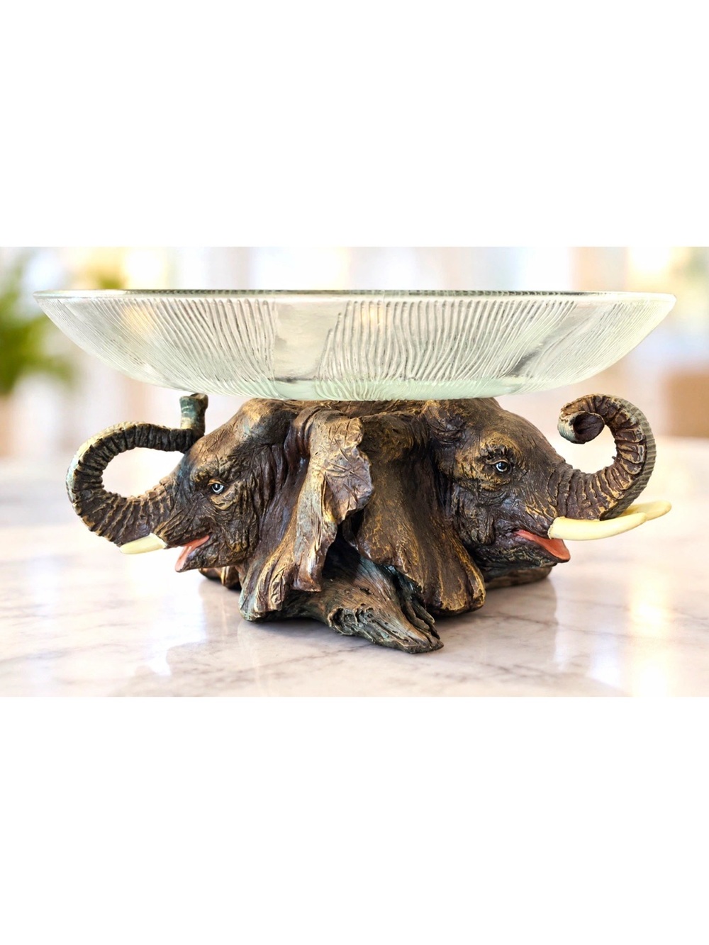 Elephant Pedestal Glass Bowl Centerpiece Clear Ribbed Glass Figurine Decor